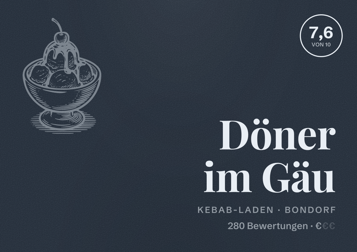Illustriertes Poster von Döner im Gäu, Kebab-Laden in Bondorf: Bewertung 7,6 von 10 aus 280 Bewertungen, Preisniveau €