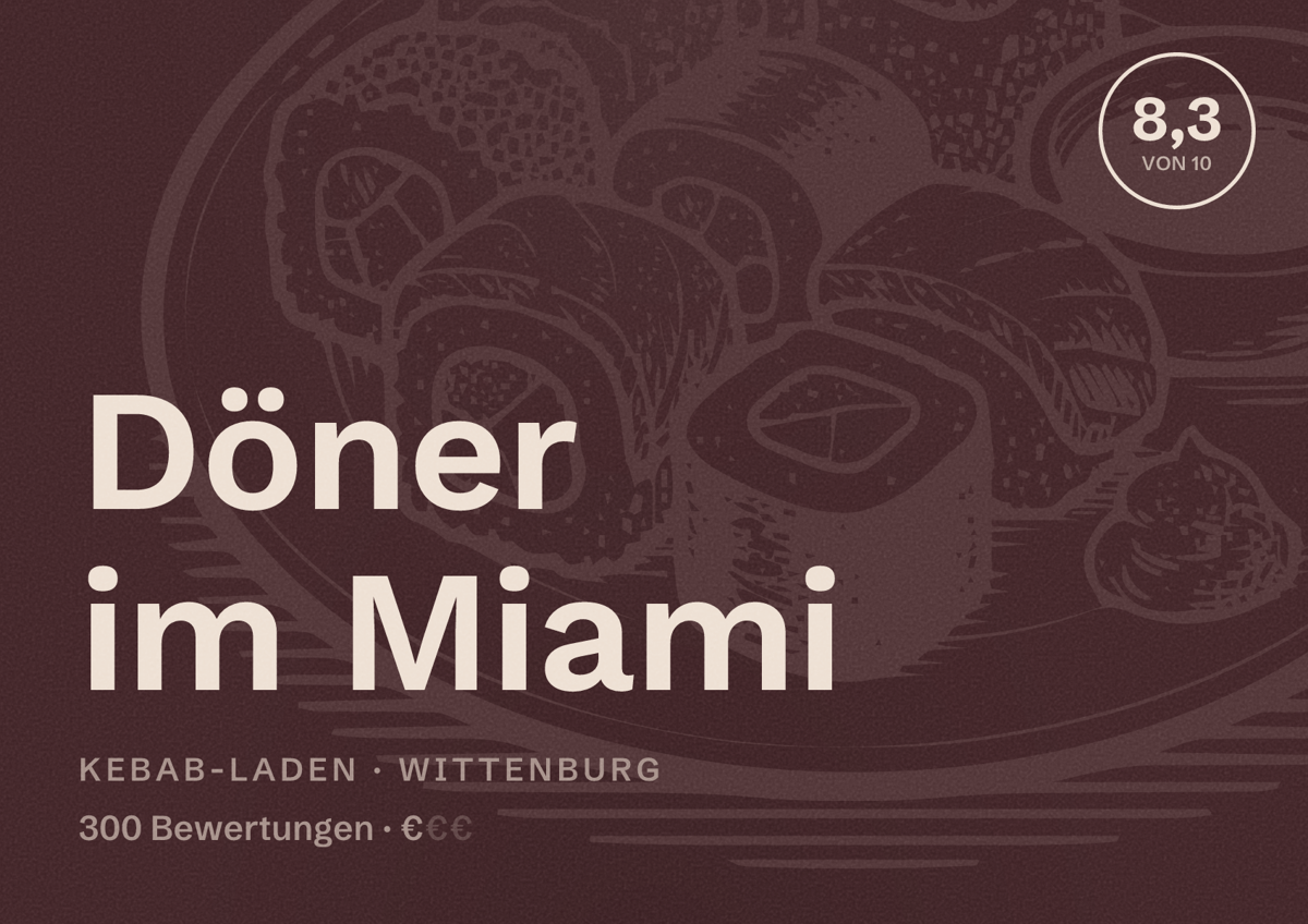 Illustriertes Poster von Döner im Miami, Kebab-Laden in Wittenburg: Bewertung 8,3 von 10 aus 300 Bewertungen, Preisniveau €