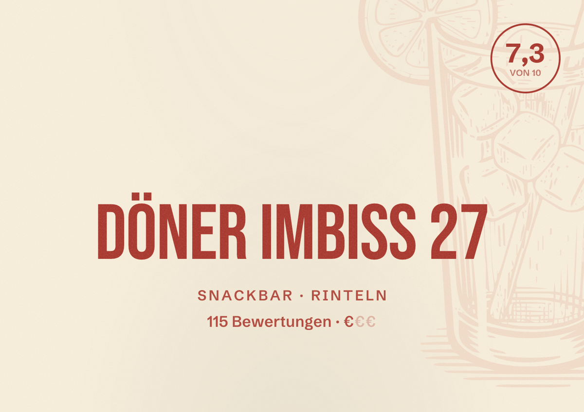 Illustriertes Poster von Döner Imbiss 27, Snackbar in Rinteln: Bewertung 7,3 von 10 aus 115 Bewertungen, Preisniveau €