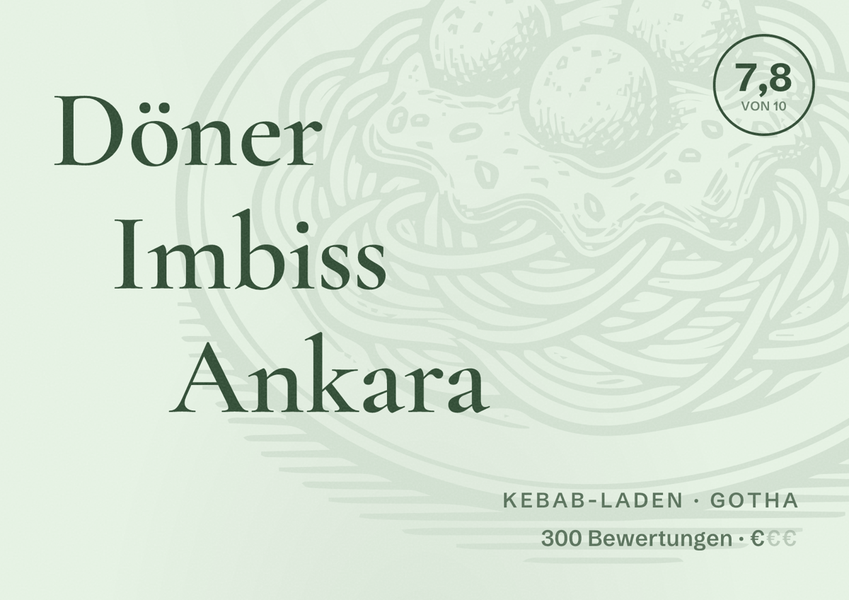 Illustriertes Poster von Döner Imbiss Ankara, Kebab-Laden in Gotha: Bewertung 7,8 von 10 aus 300 Bewertungen, Preisniveau €