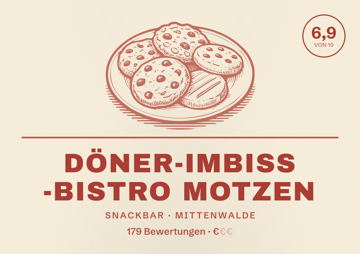 Illustriertes Poster von Döner-Imbiss -Bistro Motzen, Snackbar in Mittenwalde: Bewertung 6,9 von 10 aus 179 Bewertungen, Preisniveau €