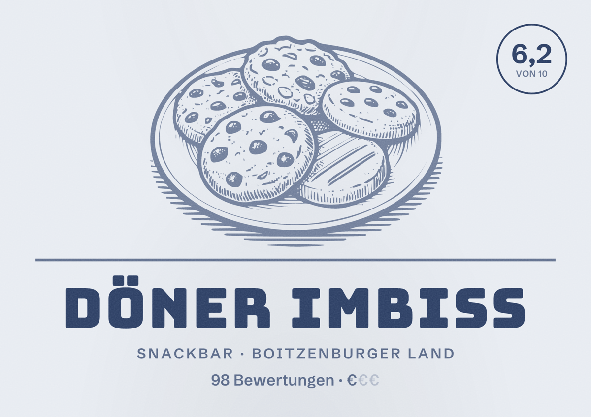 Illustriertes Poster von Döner Imbiss, Snackbar in Boitzenburger Land: Bewertung 6,2 von 10 aus 98 Bewertungen, Preisniveau €