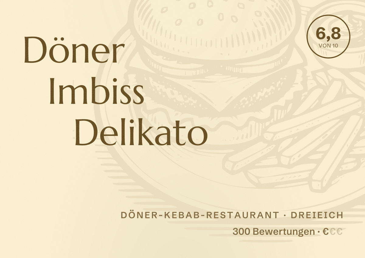 Illustriertes Poster von Döner Imbiss Delikato, Döner-Kebab-Restaurant in Dreieich: Bewertung 6,8 von 10 aus 300 Bewertungen, Preisniveau €