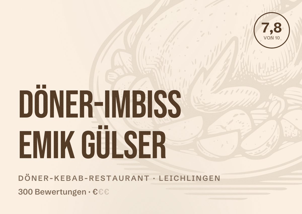 Illustriertes Poster von Döner-Imbiss Emik Gülser, Döner-Kebab-Restaurant in Leichlingen: Bewertung 7,8 von 10 aus 300 Bewertungen, Preisniveau €