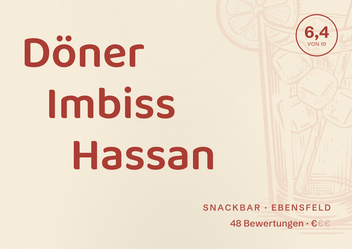 Illustriertes Poster von Döner Imbiss Hassan, Snackbar in Ebensfeld: Bewertung 6,4 von 10 aus 48 Bewertungen, Preisniveau €