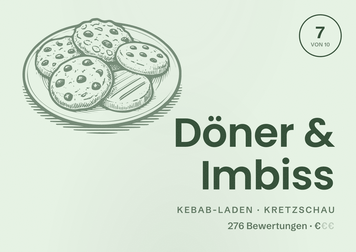 Illustriertes Poster von Döner & Imbiss, Kebab-Laden in Kretzschau: Bewertung 7 von 10 aus 276 Bewertungen, Preisniveau €