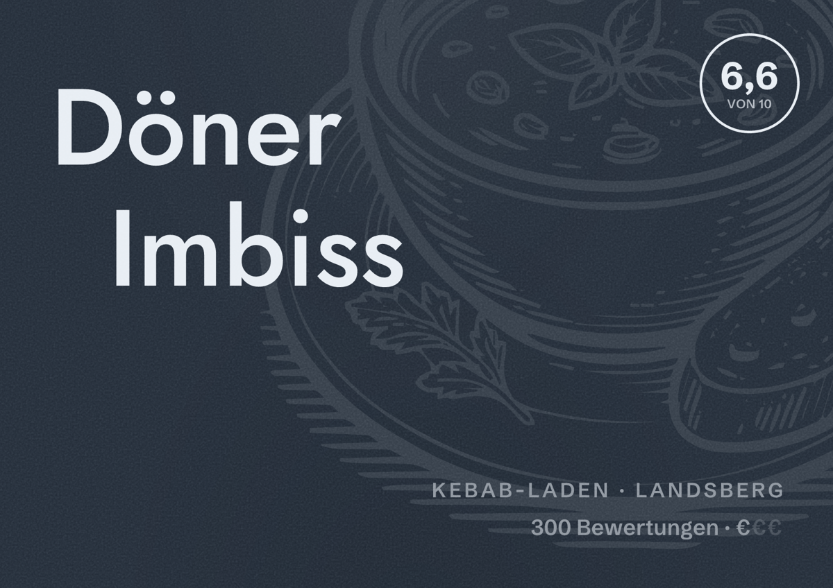 Illustriertes Poster von Döner Imbiss, Kebab-Laden in Landsberg: Bewertung 6,6 von 10 aus 300 Bewertungen, Preisniveau €