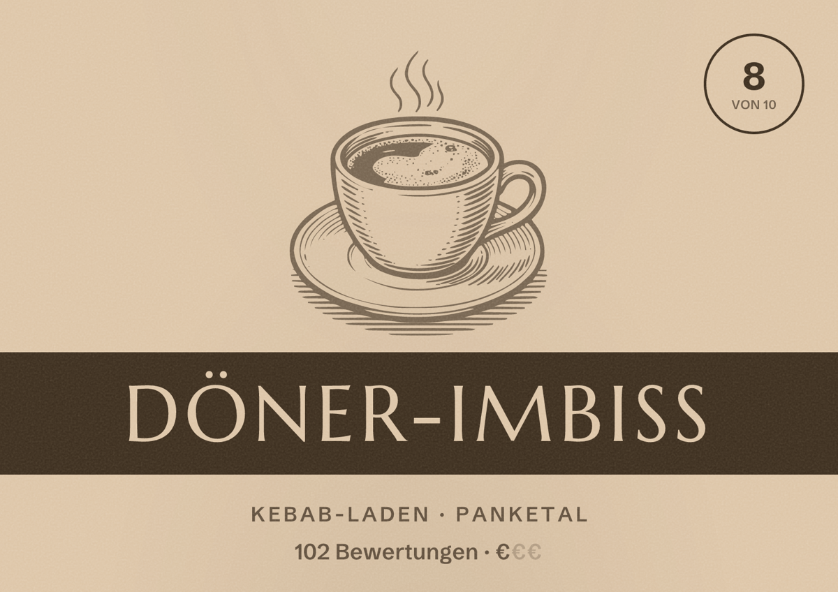 Illustriertes Poster von Döner-Imbiss, Kebab-Laden in Panketal: Bewertung 8 von 10 aus 102 Bewertungen, Preisniveau €