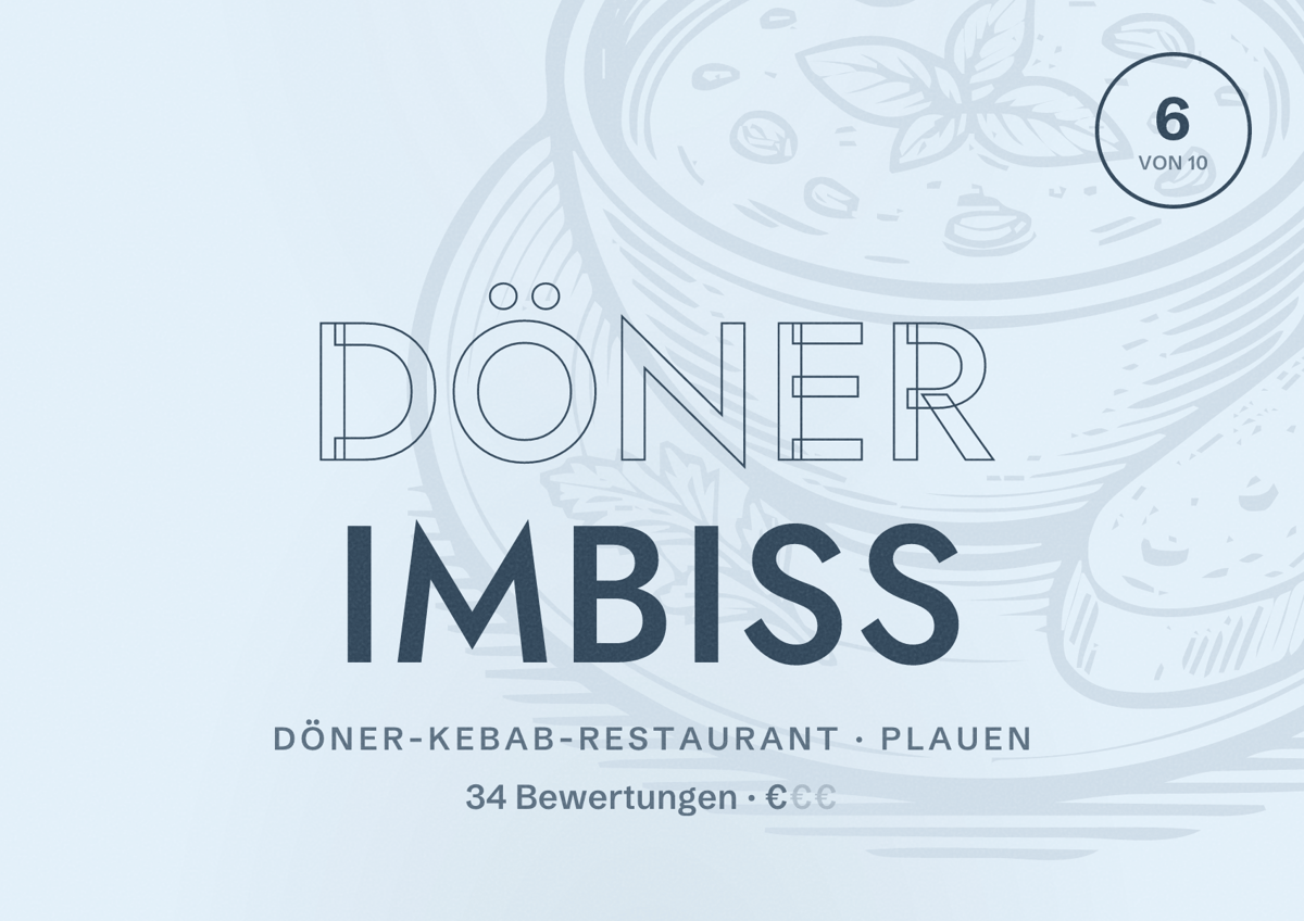 Illustriertes Poster von Döner Imbiss, Döner-Kebab-Restaurant in Plauen: Bewertung 6 von 10 aus 34 Bewertungen, Preisniveau €