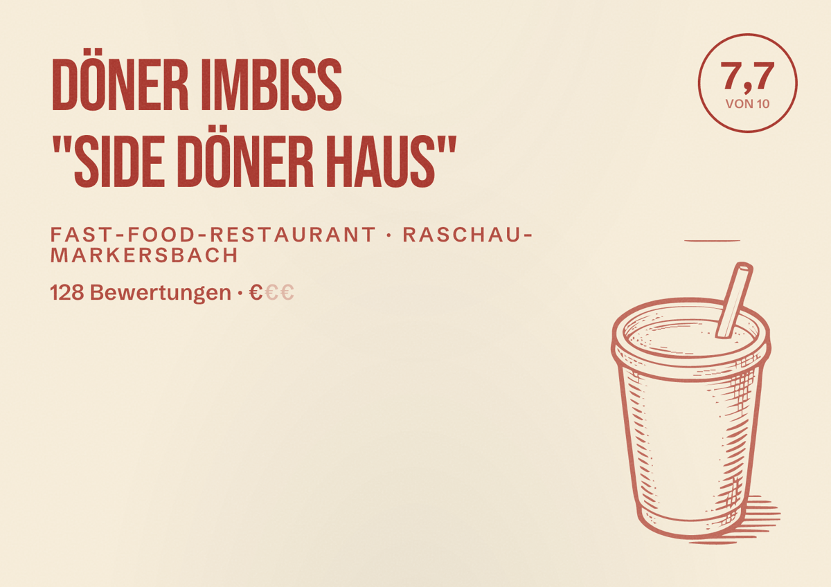 Illustriertes Poster von Döner Imbiss "Side Döner Haus", Fast-Food-Restaurant in Raschau-Markersbach: Bewertung 7,7 von 10 aus 128 Bewertungen, Preisniveau €
