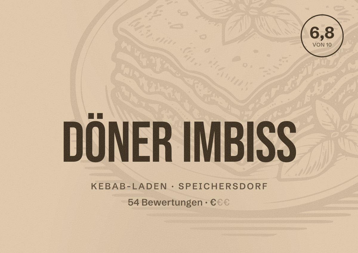 Illustriertes Poster von Döner Imbiss, Kebab-Laden in Speichersdorf: Bewertung 6,8 von 10 aus 54 Bewertungen, Preisniveau €