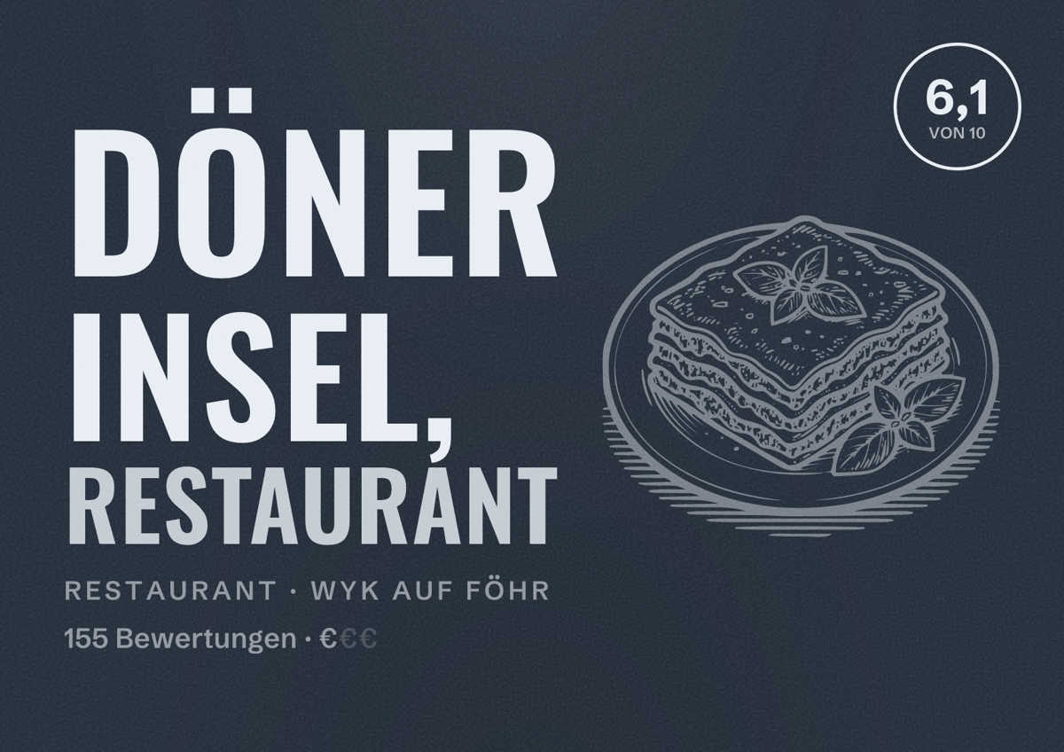 Illustriertes Poster von Döner Insel, Restaurant, Restaurant in Wyk auf Föhr: Bewertung 6,1 von 10 aus 155 Bewertungen, Preisniveau €