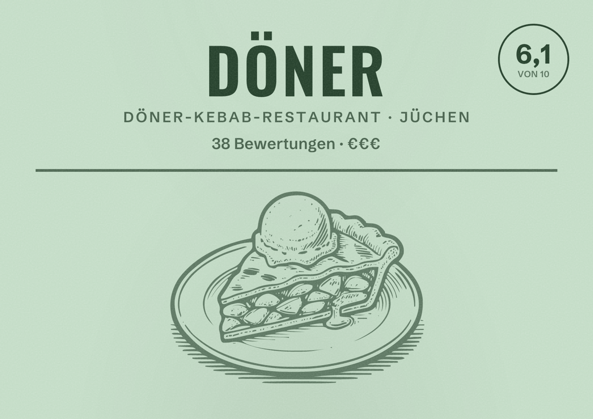 Illustriertes Poster von Döner, Döner-Kebab-Restaurant in Jüchen: Bewertung 6,1 von 10 aus 38 Bewertungen, Preisniveau €€€
