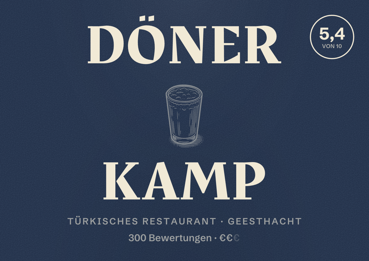 Illustriertes Poster von Döner Kamp, Türkisches Restaurant in Geesthacht: Bewertung 5,4 von 10 aus 300 Bewertungen, Preisniveau €€