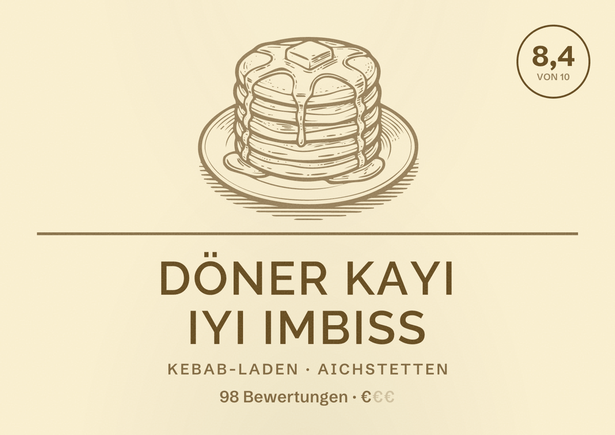 Illustriertes Poster von DÖNER KAYI IYI Imbiss, Kebab-Laden in Aichstetten: Bewertung 8,4 von 10 aus 98 Bewertungen, Preisniveau €