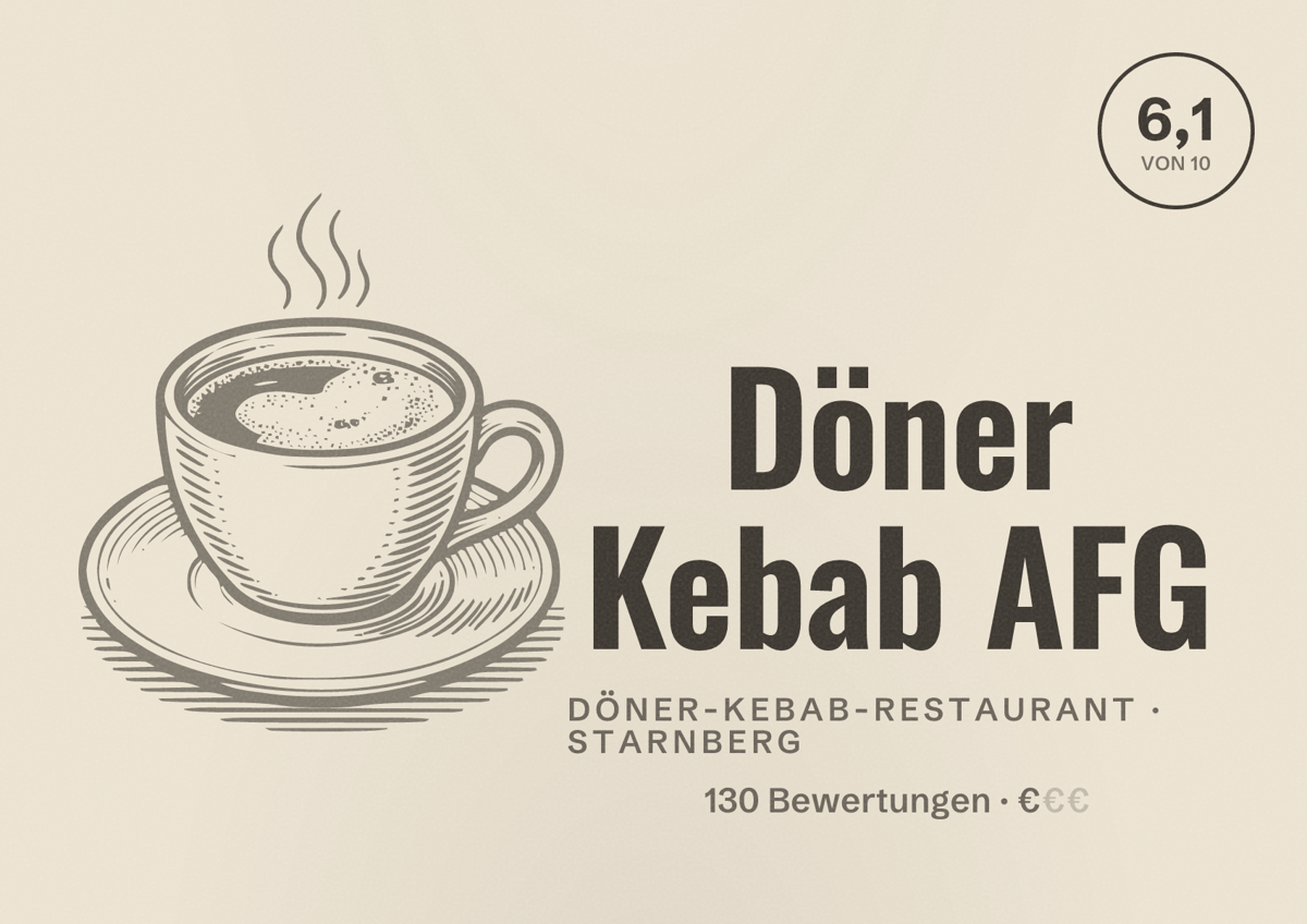 Illustriertes Poster von Döner Kebab AFG, Döner-Kebab-Restaurant in Starnberg: Bewertung 6,1 von 10 aus 130 Bewertungen, Preisniveau €