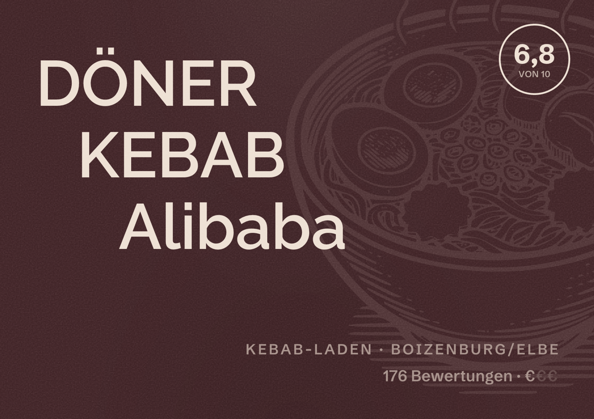 Illustriertes Poster von DÖNER KEBAB Alibaba, Kebab-Laden in Boizenburg/Elbe: Bewertung 6,8 von 10 aus 176 Bewertungen, Preisniveau €
