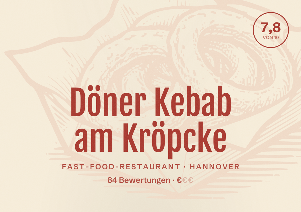 Illustriertes Poster von Döner Kebab am Kröpcke, Fast-Food-Restaurant in Hannover: Bewertung 7,8 von 10 aus 84 Bewertungen, Preisniveau €