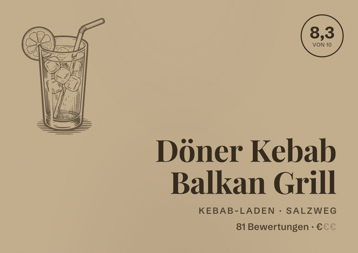 Illustriertes Poster von Döner Kebab Balkan Grill, Kebab-Laden in Salzweg: Bewertung 8,3 von 10 aus 81 Bewertungen, Preisniveau €