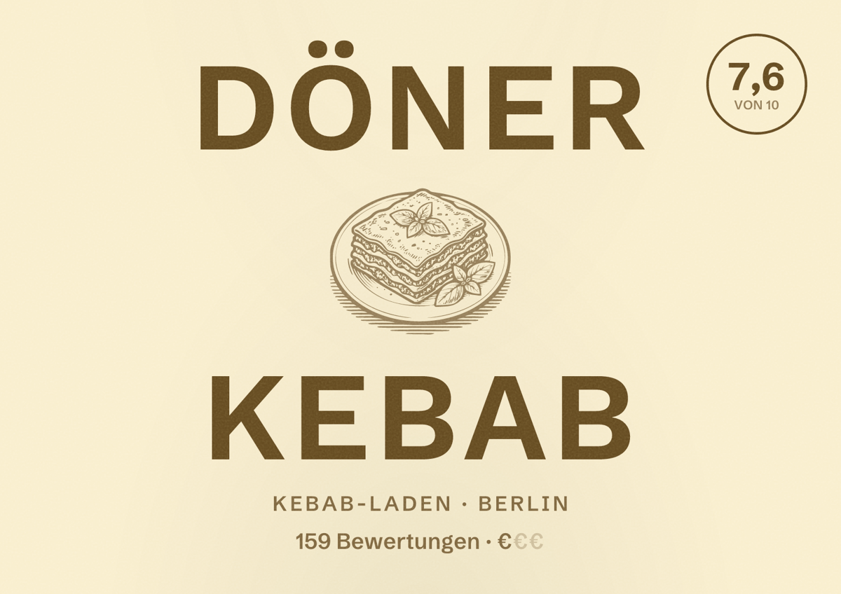 Illustriertes Poster von Döner Kebab, Kebab-Laden in Berlin: Bewertung 7,6 von 10 aus 159 Bewertungen, Preisniveau €