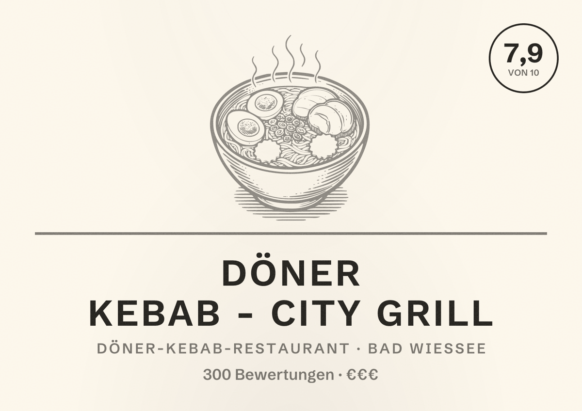 Illustriertes Poster von Döner kebab - City Grill, Döner-Kebab-Restaurant in Bad Wiessee: Bewertung 7,9 von 10 aus 300 Bewertungen, Preisniveau €€€