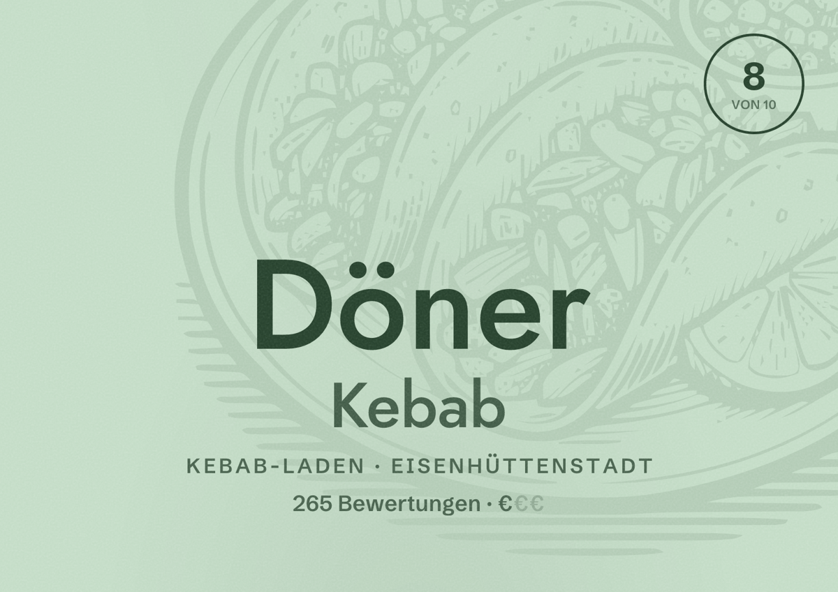 Illustriertes Poster von Döner Kebab, Kebab-Laden in Eisenhüttenstadt: Bewertung 8 von 10 aus 265 Bewertungen, Preisniveau €