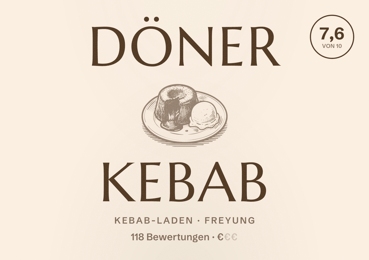 Illustriertes Poster von Döner Kebab, Kebab-Laden in Freyung: Bewertung 7,6 von 10 aus 118 Bewertungen, Preisniveau €