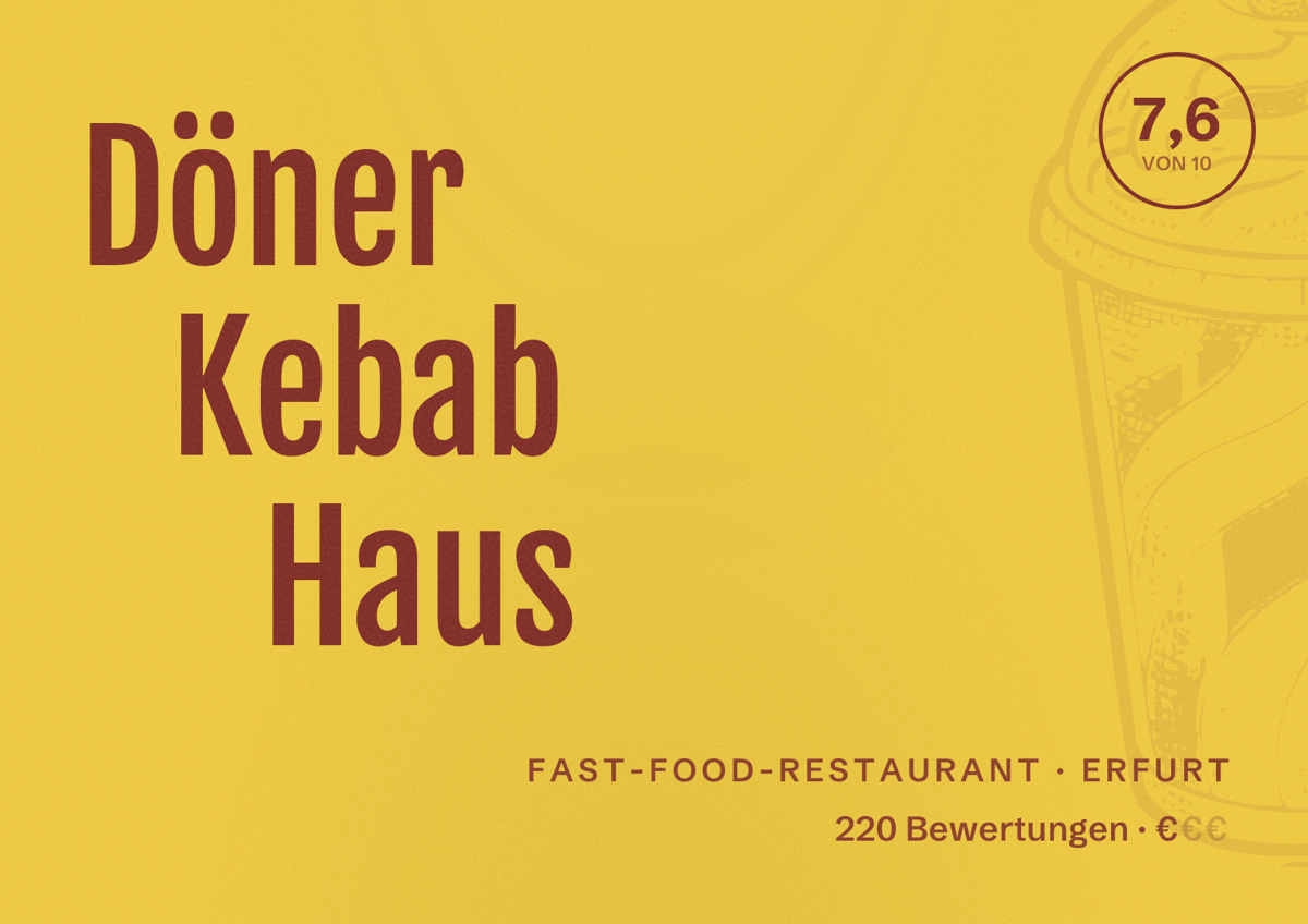 Illustriertes Poster von Döner Kebab Haus, Fast-Food-Restaurant in Erfurt: Bewertung 7,6 von 10 aus 220 Bewertungen, Preisniveau €