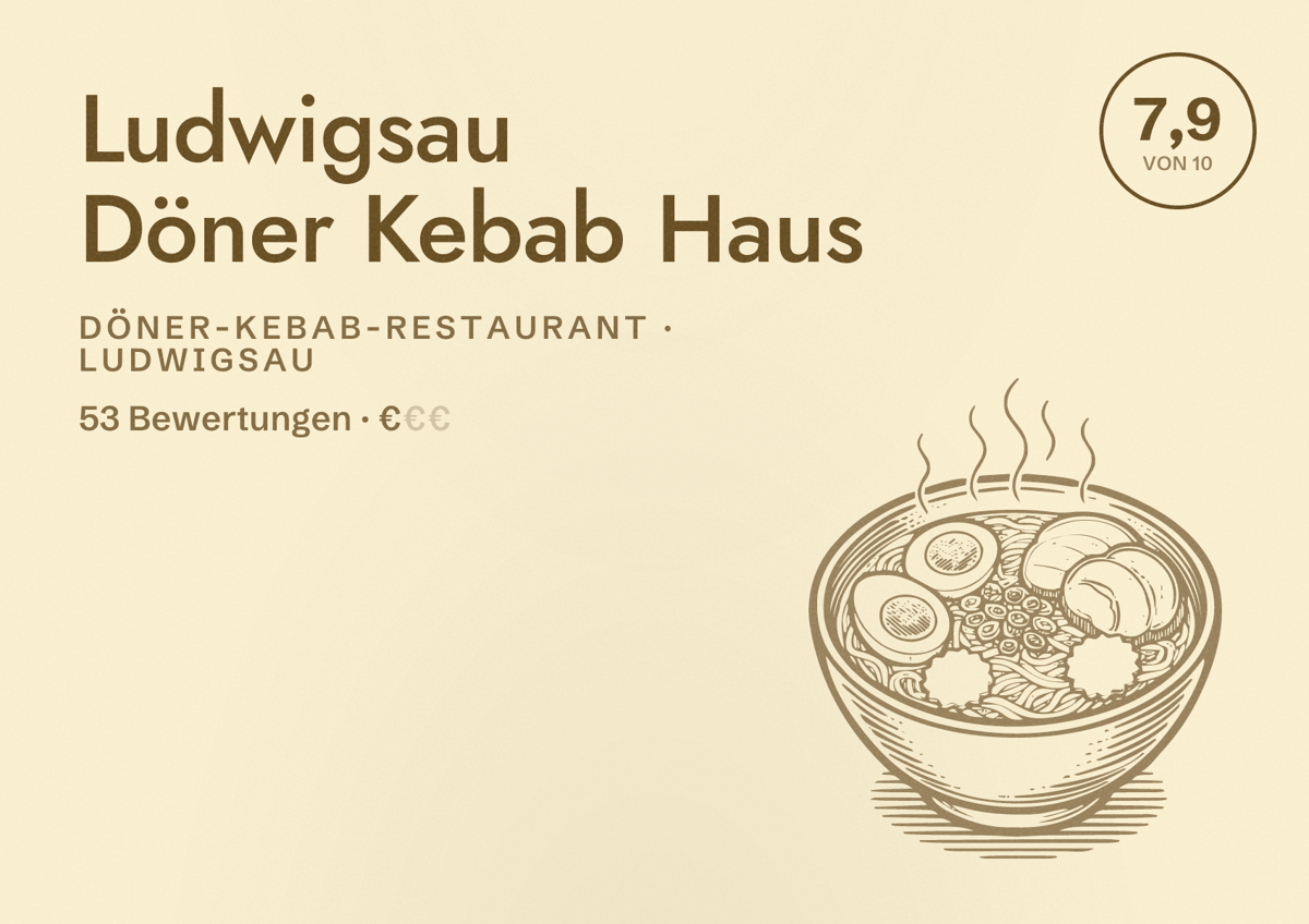 Illustriertes Poster von Ludwigsau Döner Kebab Haus, Döner-Kebab-Restaurant in Ludwigsau: Bewertung 7,9 von 10 aus 53 Bewertungen, Preisniveau €
