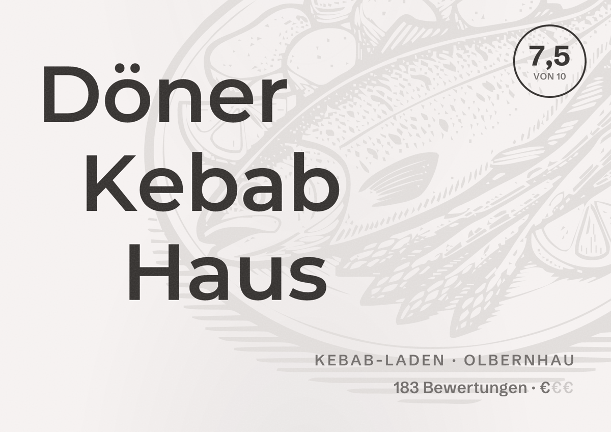 Illustriertes Poster von Döner Kebab Haus, Kebab-Laden in Olbernhau: Bewertung 7,5 von 10 aus 183 Bewertungen, Preisniveau €