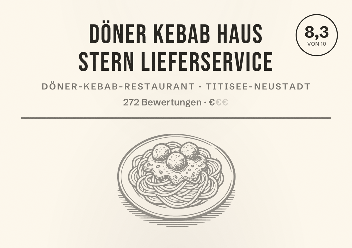 Illustriertes Poster von Döner Kebab Haus Stern Lieferservice, Döner-Kebab-Restaurant in Titisee-Neustadt: Bewertung 8,3 von 10 aus 272 Bewertungen, Preisniveau €