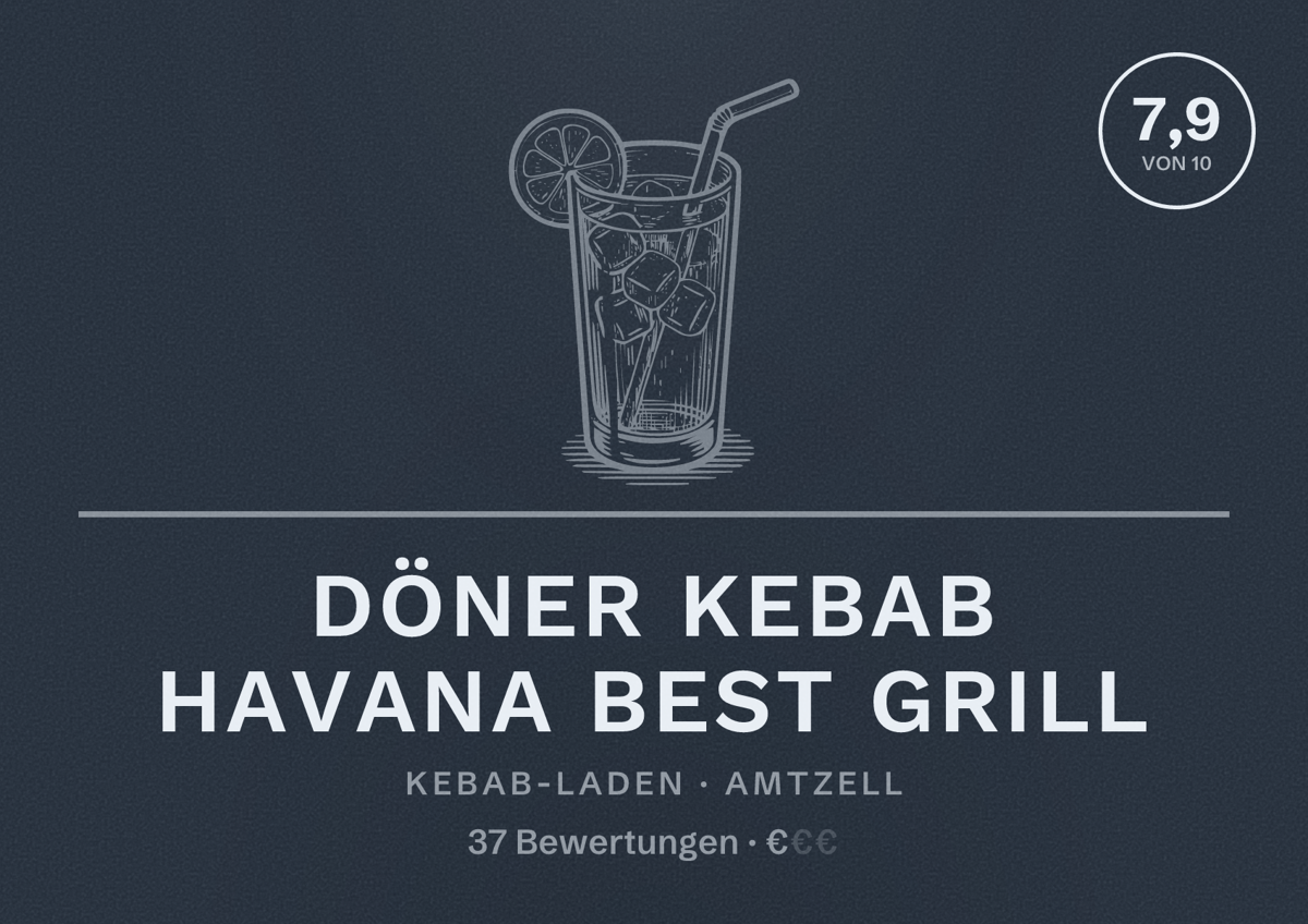 Illustriertes Poster von Döner Kebab Havana best Grill, Kebab-Laden in Amtzell: Bewertung 7,9 von 10 aus 37 Bewertungen, Preisniveau €