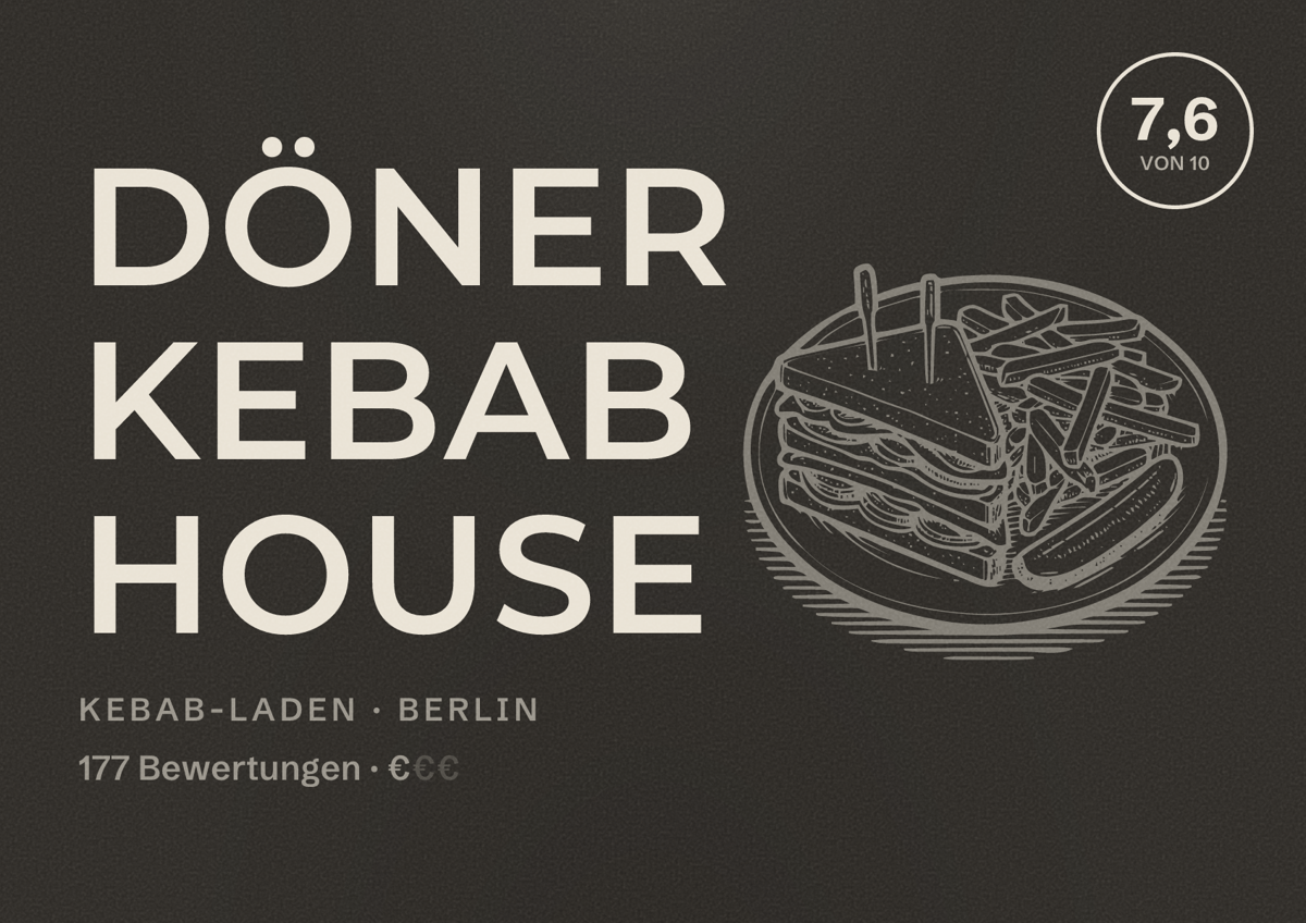 Illustriertes Poster von Döner Kebab House, Kebab-Laden in Berlin: Bewertung 7,6 von 10 aus 177 Bewertungen, Preisniveau €