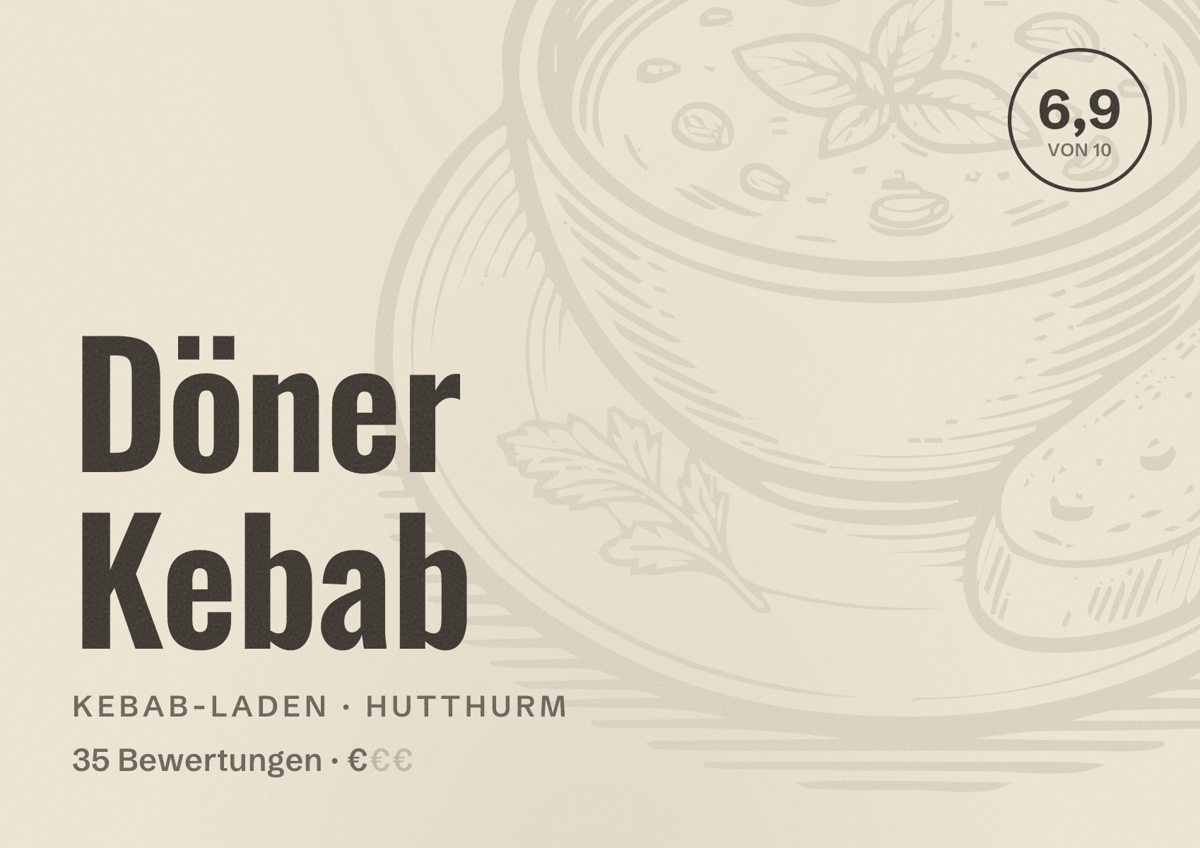 Illustriertes Poster von Döner Kebab, Kebab-Laden in Hutthurm: Bewertung 6,9 von 10 aus 35 Bewertungen, Preisniveau €