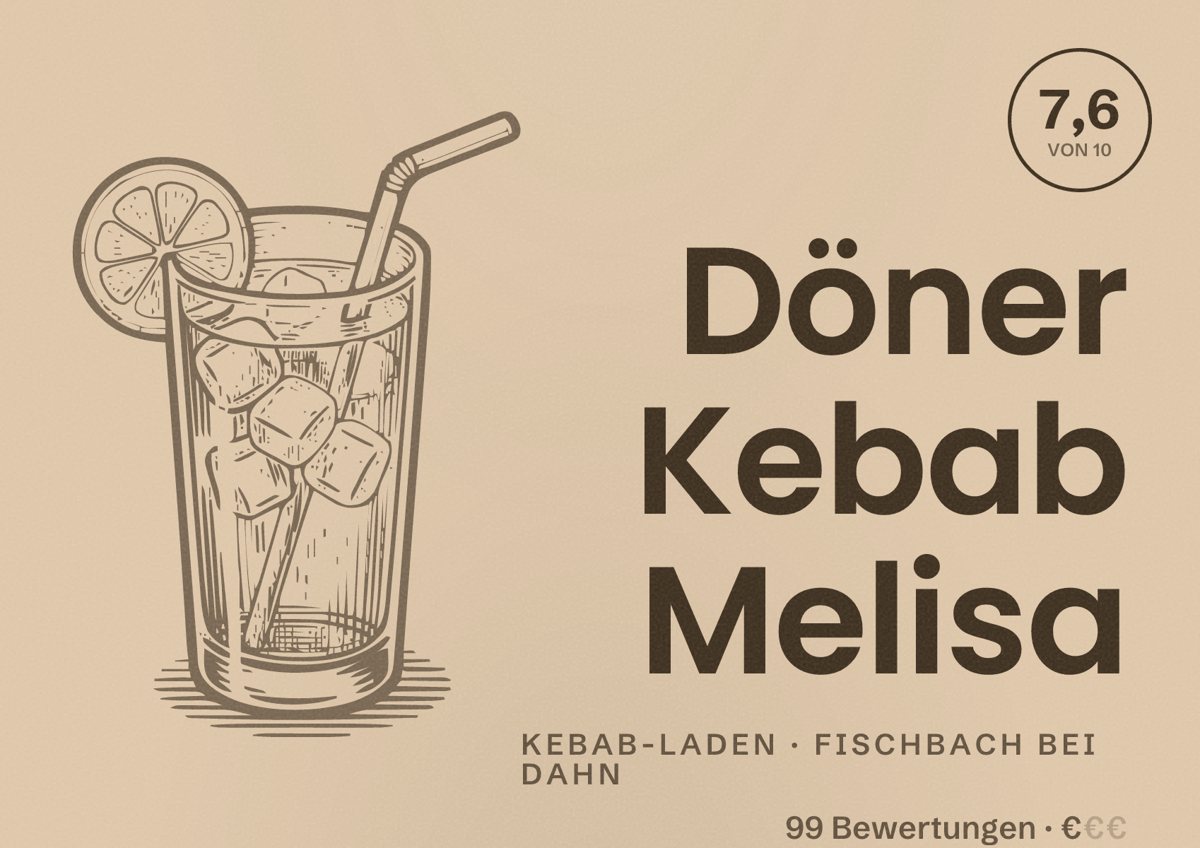 Illustriertes Poster von Döner Kebab Melisa, Kebab-Laden in Fischbach bei Dahn: Bewertung 7,6 von 10 aus 99 Bewertungen, Preisniveau €