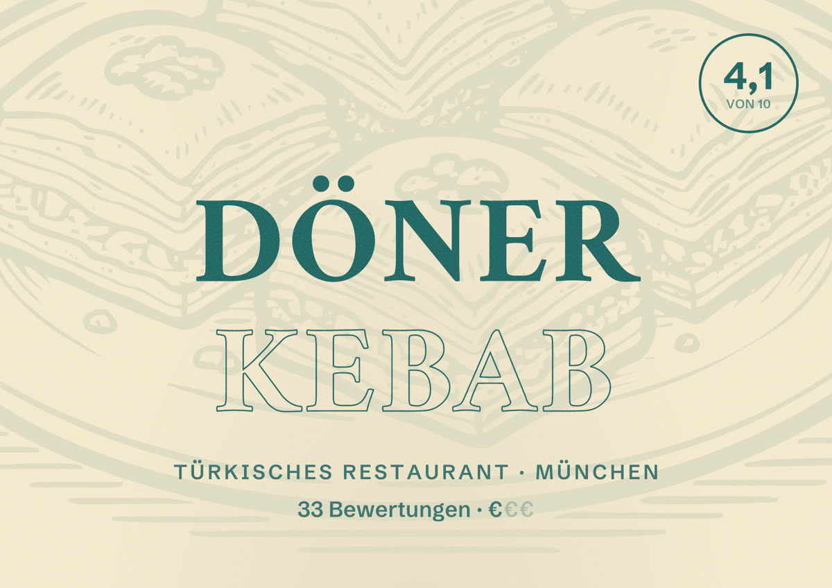 Illustriertes Poster von Döner kebab, Türkisches Restaurant in München: Bewertung 4,1 von 10 aus 33 Bewertungen, Preisniveau €