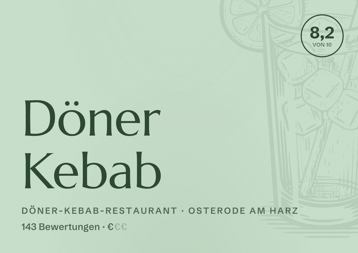 Illustriertes Poster von Döner Kebab, Döner-Kebab-Restaurant in Osterode am Harz: Bewertung 8,2 von 10 aus 143 Bewertungen, Preisniveau €