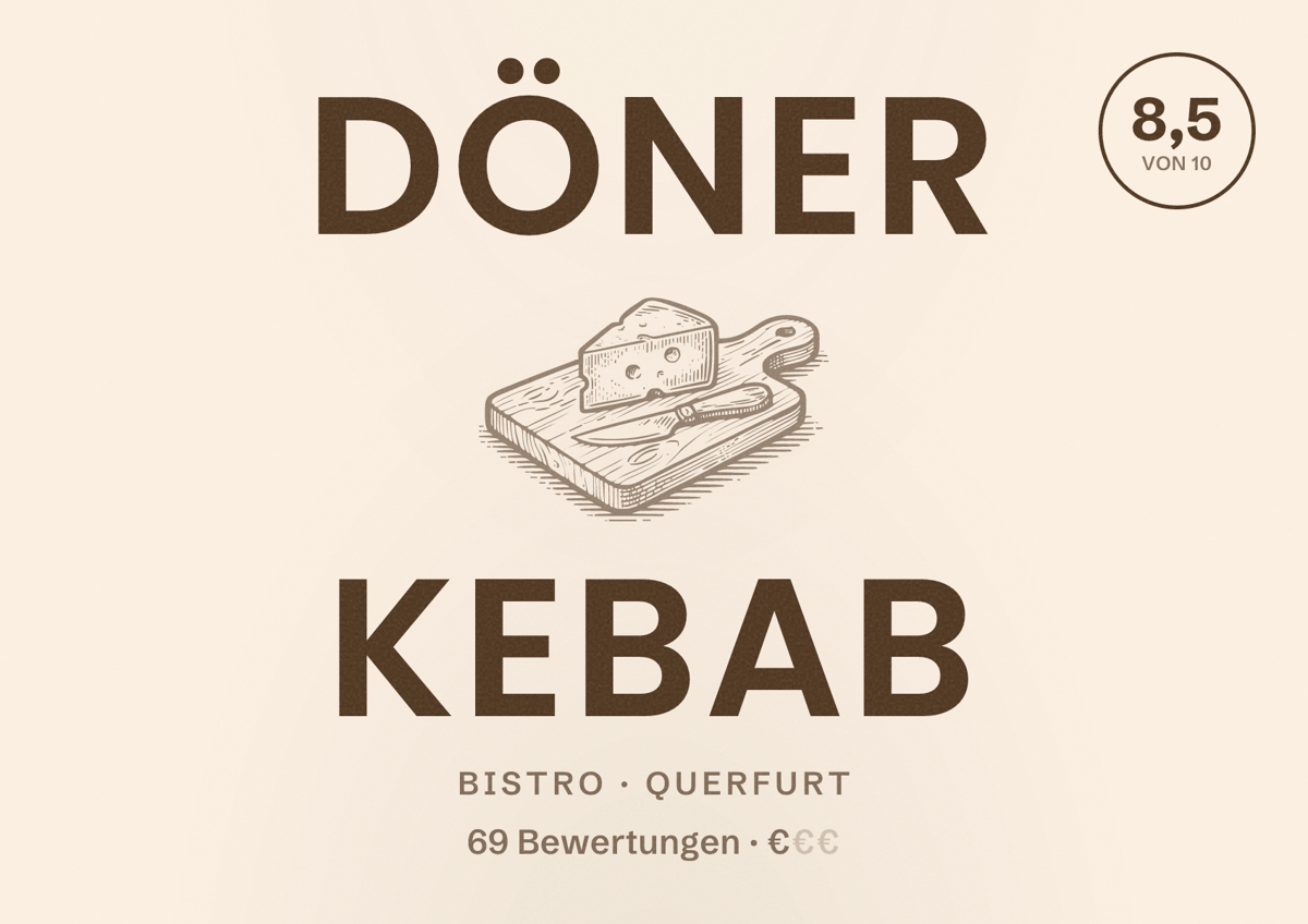 Illustriertes Poster von Döner kebab, Bistro in Querfurt: Bewertung 8,5 von 10 aus 69 Bewertungen, Preisniveau €