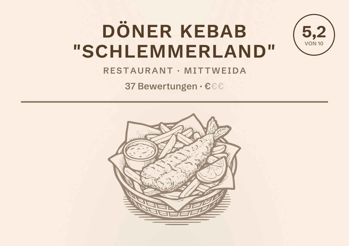 Illustriertes Poster von Döner Kebab "Schlemmerland", Restaurant in Mittweida: Bewertung 5,2 von 10 aus 37 Bewertungen, Preisniveau €