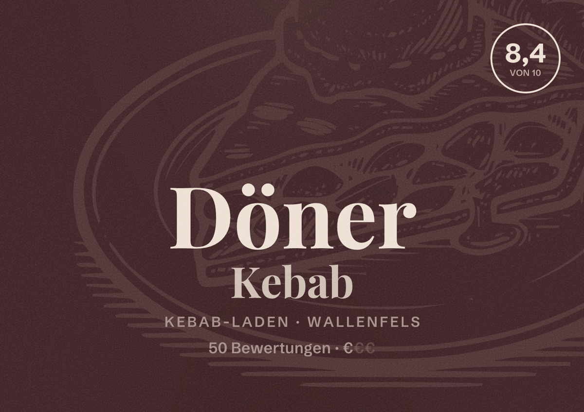 Illustriertes Poster von Döner Kebab, Kebab-Laden in Wallenfels: Bewertung 8,4 von 10 aus 50 Bewertungen, Preisniveau €