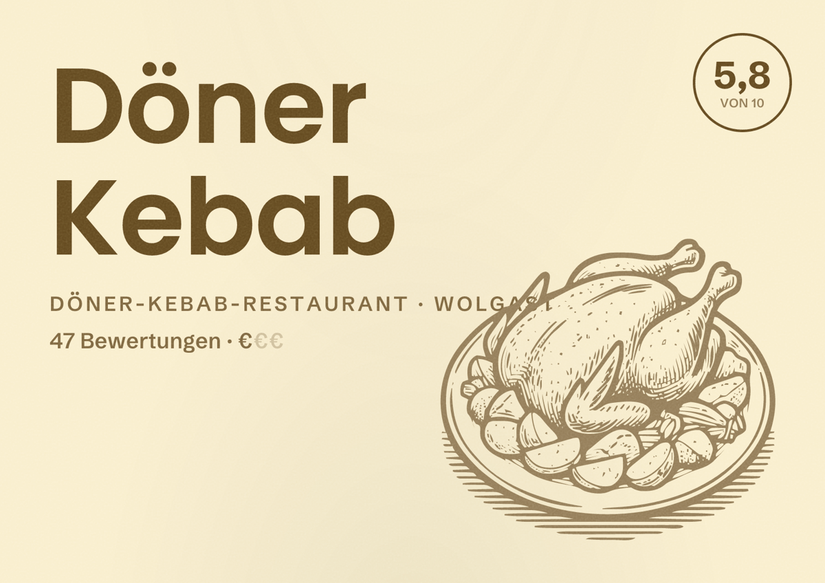 Illustriertes Poster von Döner Kebab, Döner-Kebab-Restaurant in Wolgast: Bewertung 5,8 von 10 aus 47 Bewertungen, Preisniveau €