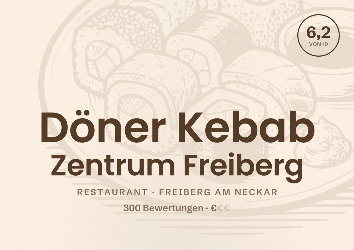 Illustriertes Poster von Döner Kebab Zentrum Freiberg, Restaurant in Freiberg am Neckar: Bewertung 6,2 von 10 aus 300 Bewertungen, Preisniveau €