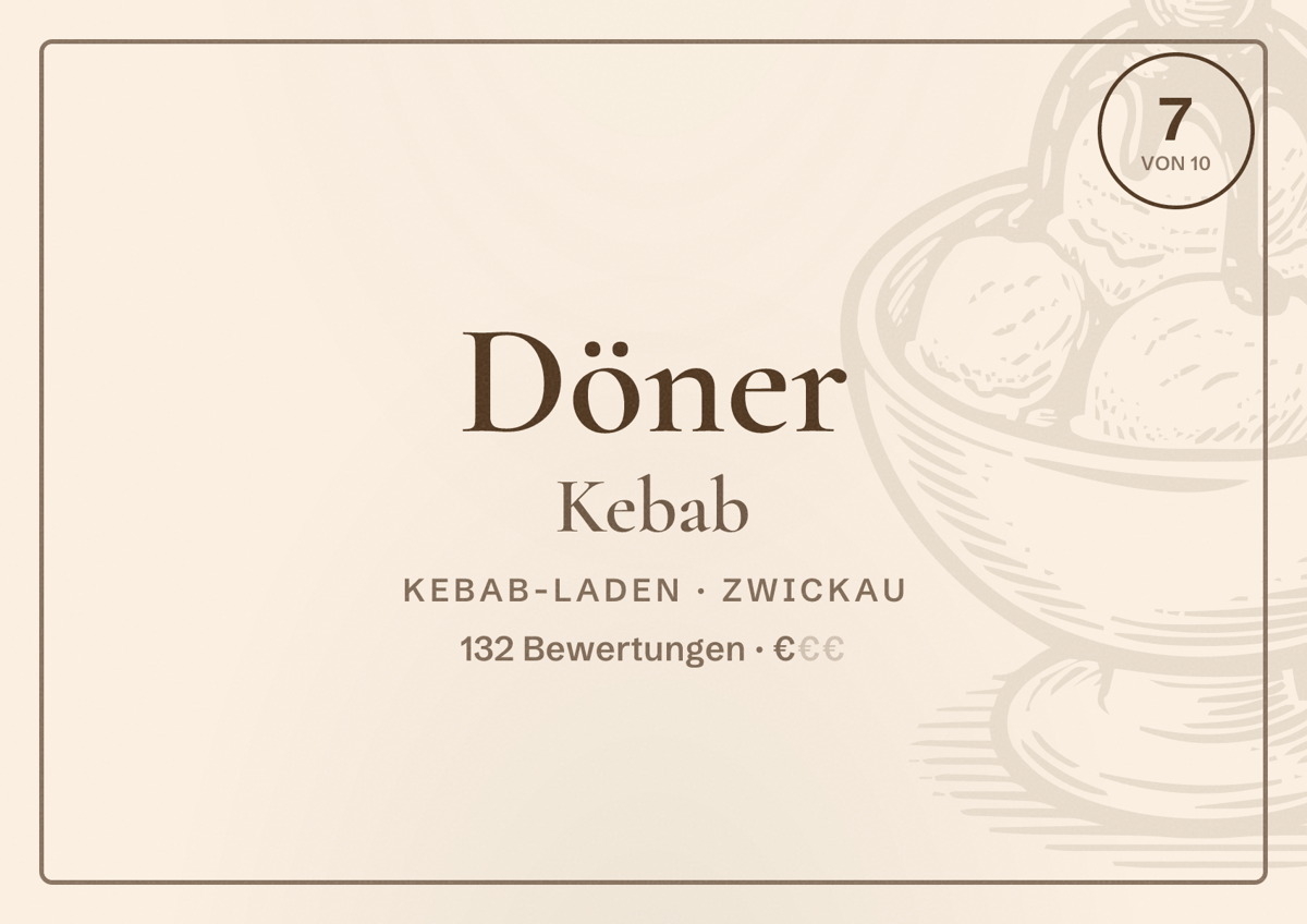 Illustriertes Poster von Döner Kebab, Kebab-Laden in Zwickau: Bewertung 7 von 10 aus 132 Bewertungen, Preisniveau €