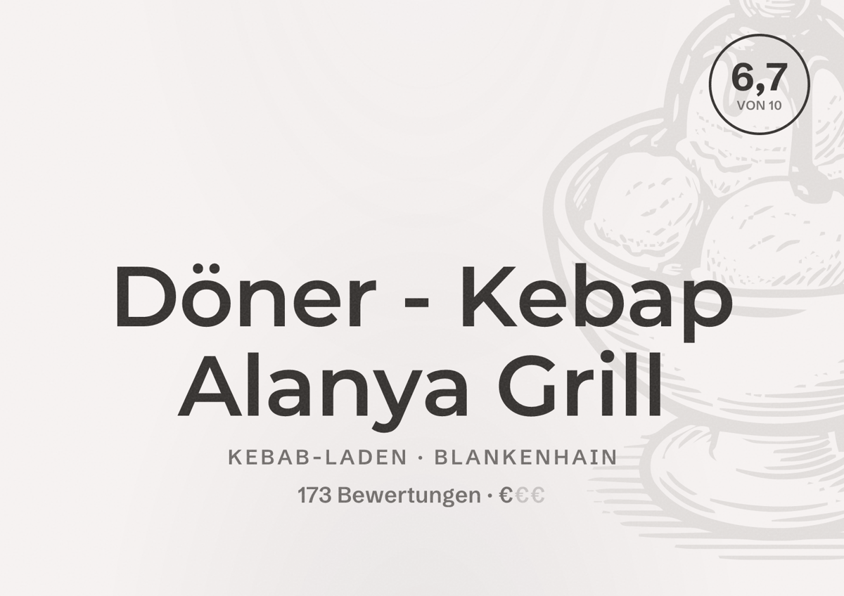 Illustriertes Poster von Döner - Kebap Alanya Grill, Kebab-Laden in Blankenhain: Bewertung 6,7 von 10 aus 173 Bewertungen, Preisniveau €