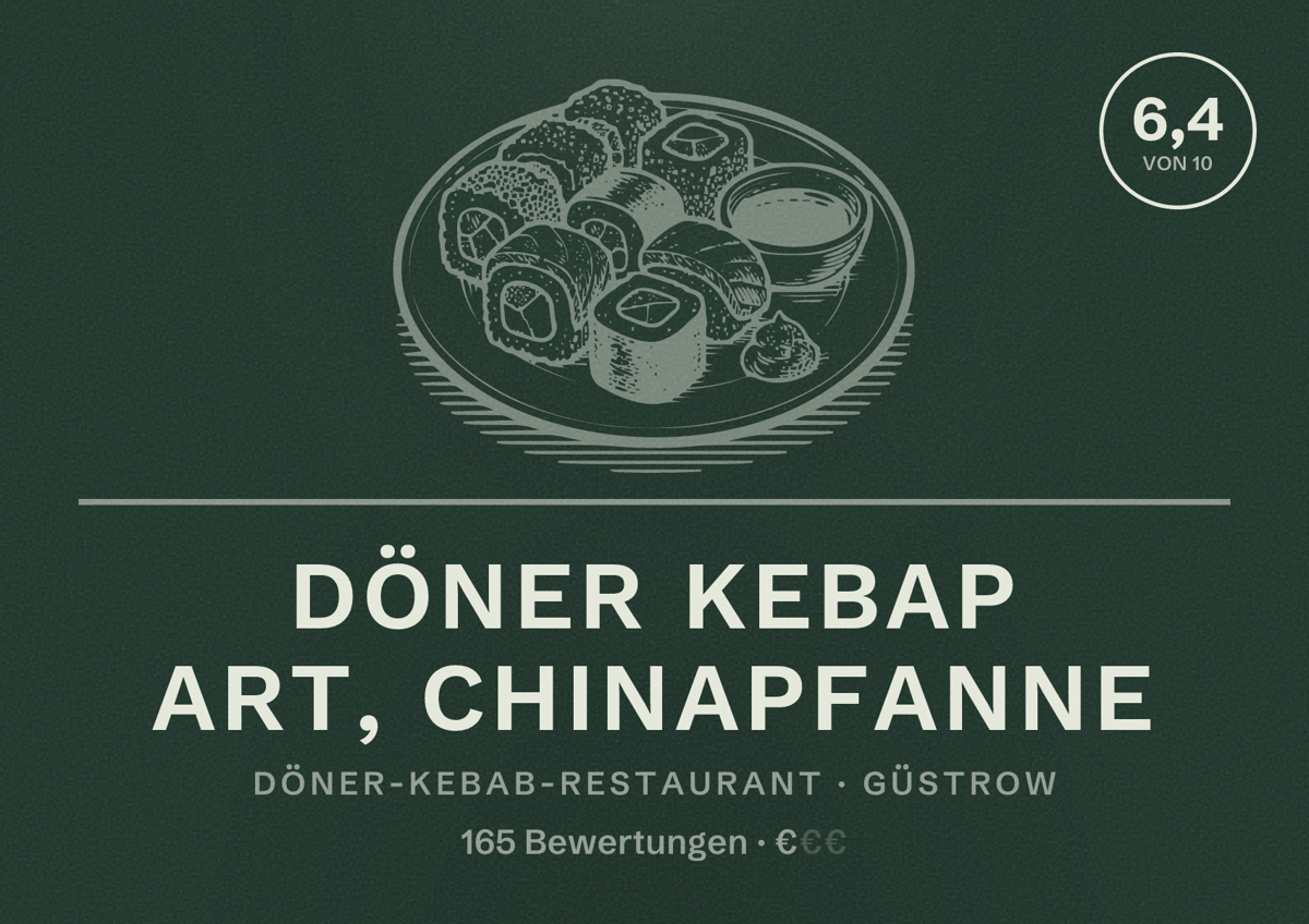 Illustriertes Poster von Döner Kebap Art, Chinapfanne, Döner-Kebab-Restaurant in Güstrow: Bewertung 6,4 von 10 aus 165 Bewertungen, Preisniveau €