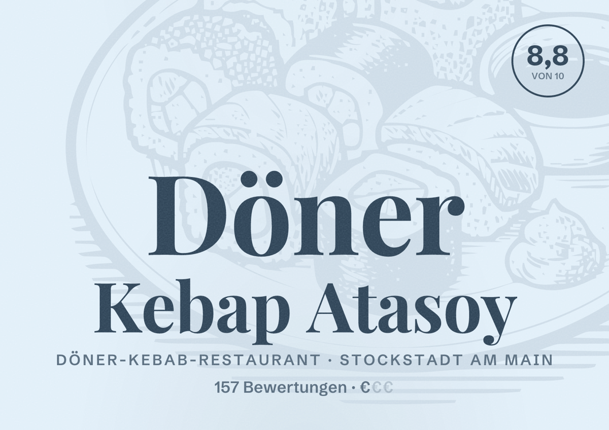 Illustriertes Poster von Döner Kebap Atasoy, Döner-Kebab-Restaurant in Stockstadt am Main: Bewertung 8,8 von 10 aus 157 Bewertungen, Preisniveau €