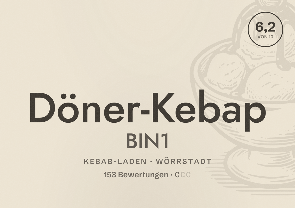 Illustriertes Poster von Döner-Kebap BIN1, Kebab-Laden in Wörrstadt: Bewertung 6,2 von 10 aus 153 Bewertungen, Preisniveau €