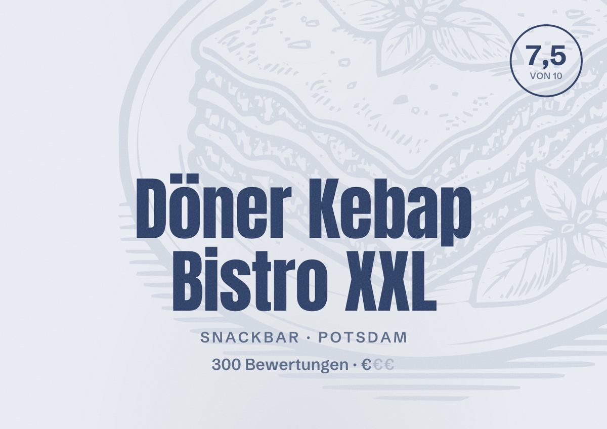 Illustriertes Poster von Döner Kebap Bistro XXL, Snackbar in Potsdam: Bewertung 7,5 von 10 aus 300 Bewertungen, Preisniveau €