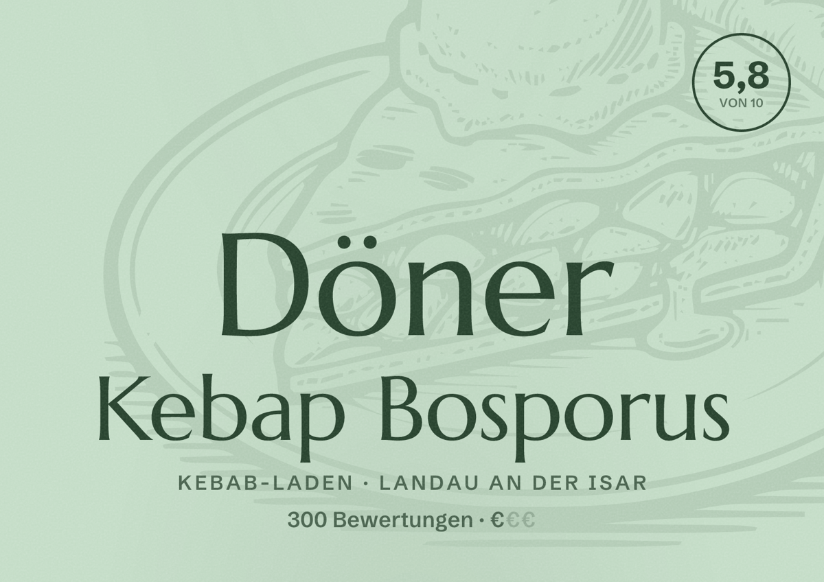 Illustriertes Poster von Döner Kebap Bosporus, Kebab-Laden in Landau an der Isar: Bewertung 5,8 von 10 aus 300 Bewertungen, Preisniveau €