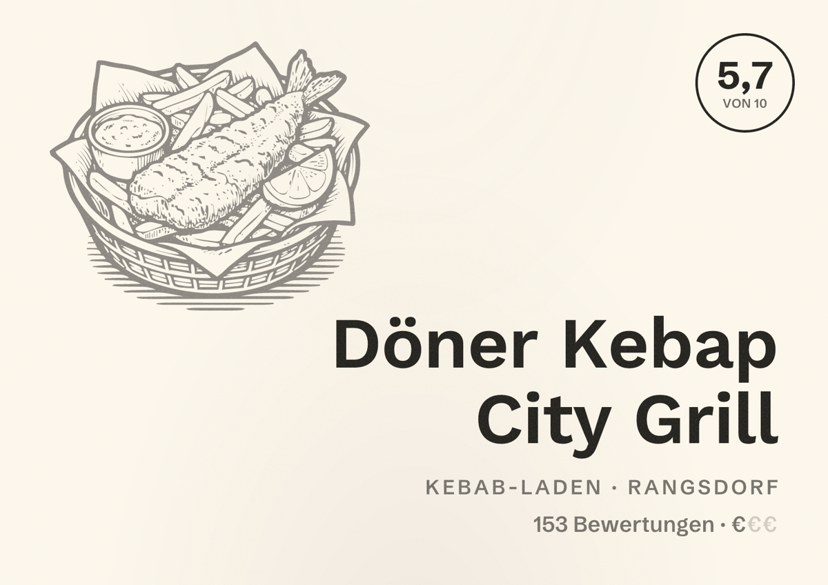 Illustriertes Poster von Döner Kebap City Grill, Kebab-Laden in Rangsdorf: Bewertung 5,7 von 10 aus 153 Bewertungen, Preisniveau €
